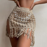 High Waist Crochet Knit Fringe Split Brazilian Beach Cover Up Mini Skirt
